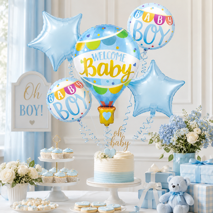 Hot Air Balloon Blue Welcome Baby Balloon Bouquet Set – 5 Pcs | Cute Blue Foil Balloons for Baby Shower, Welcome Baby Boy & Newborn Room Decoration