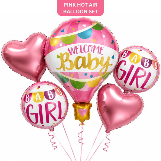 Hot Air Balloon Pink It’s a Girl Balloon Bouquet Set - 5 Pcs | Hot Air Balloon, Heart & Round Foil Balloons |Baby Shower & Welcome Baby Girl Decoration