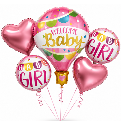 Hot Air Balloon Pink It’s a Girl Balloon Bouquet Set - 5 Pcs | Hot Air Balloon, Heart & Round Foil Balloons |Baby Shower & Welcome Baby Girl Decoration