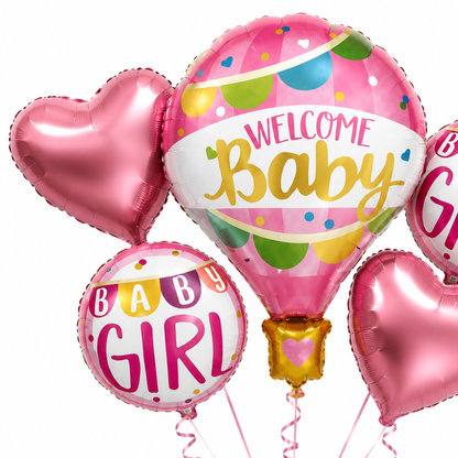 Hot Air Balloon Pink It’s a Girl Balloon Bouquet Set - 5 Pcs | Hot Air Balloon, Heart & Round Foil Balloons |Baby Shower & Welcome Baby Girl Decoration