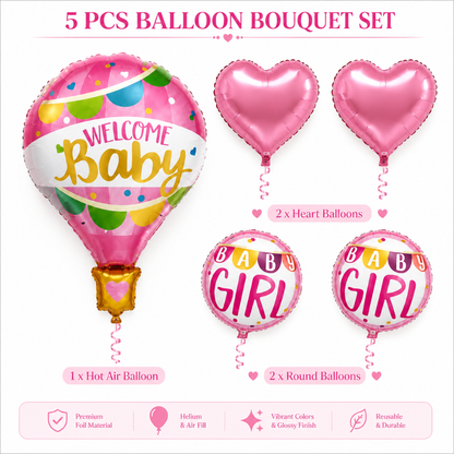 Hot Air Balloon Pink It’s a Girl Balloon Bouquet Set - 5 Pcs | Hot Air Balloon, Heart & Round Foil Balloons |Baby Shower & Welcome Baby Girl Decoration