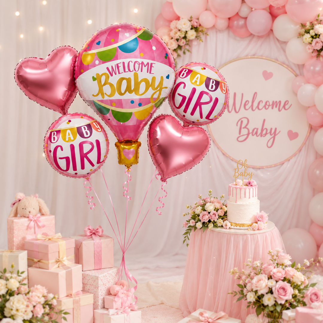 Hot Air Balloon Pink It’s a Girl Balloon Bouquet Set - 5 Pcs | Hot Air Balloon, Heart & Round Foil Balloons |Baby Shower & Welcome Baby Girl Decoration