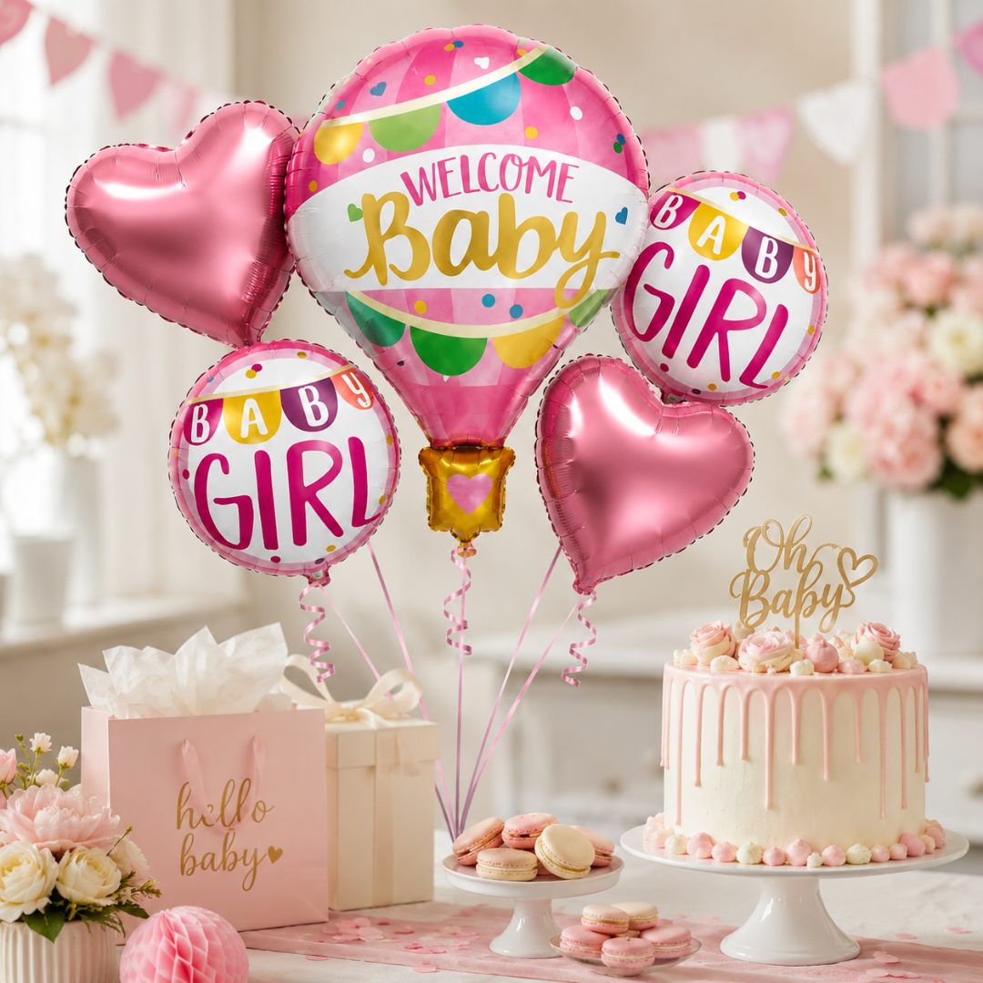 Hot Air Balloon Pink It’s a Girl Balloon Bouquet Set - 5 Pcs | Hot Air Balloon, Heart & Round Foil Balloons |Baby Shower & Welcome Baby Girl Decoration