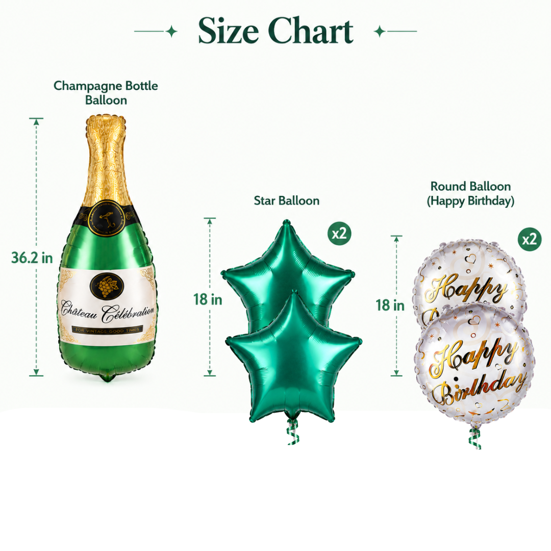 Green Champagne Bottle Birthday Balloon Bouquet Set – 5 Pcs | Premium Green Star & Happy Birthday Foil Balloons for Adult Birthday Party Decoration