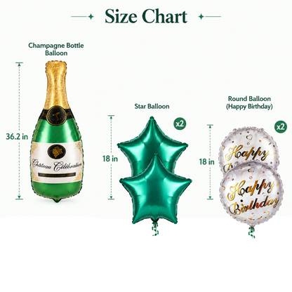 Green Champagne Bottle Birthday Balloon Bouquet Set – 5 Pcs | Premium Green Star & Happy Birthday Foil Balloons for Adult Birthday Party Decoration