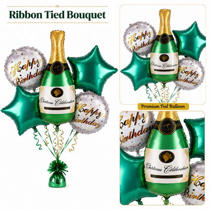 Green Champagne Bottle Birthday Balloon Bouquet Set – 5 Pcs | Premium Green Star & Happy Birthday Foil Balloons for Adult Birthday Party Decoration