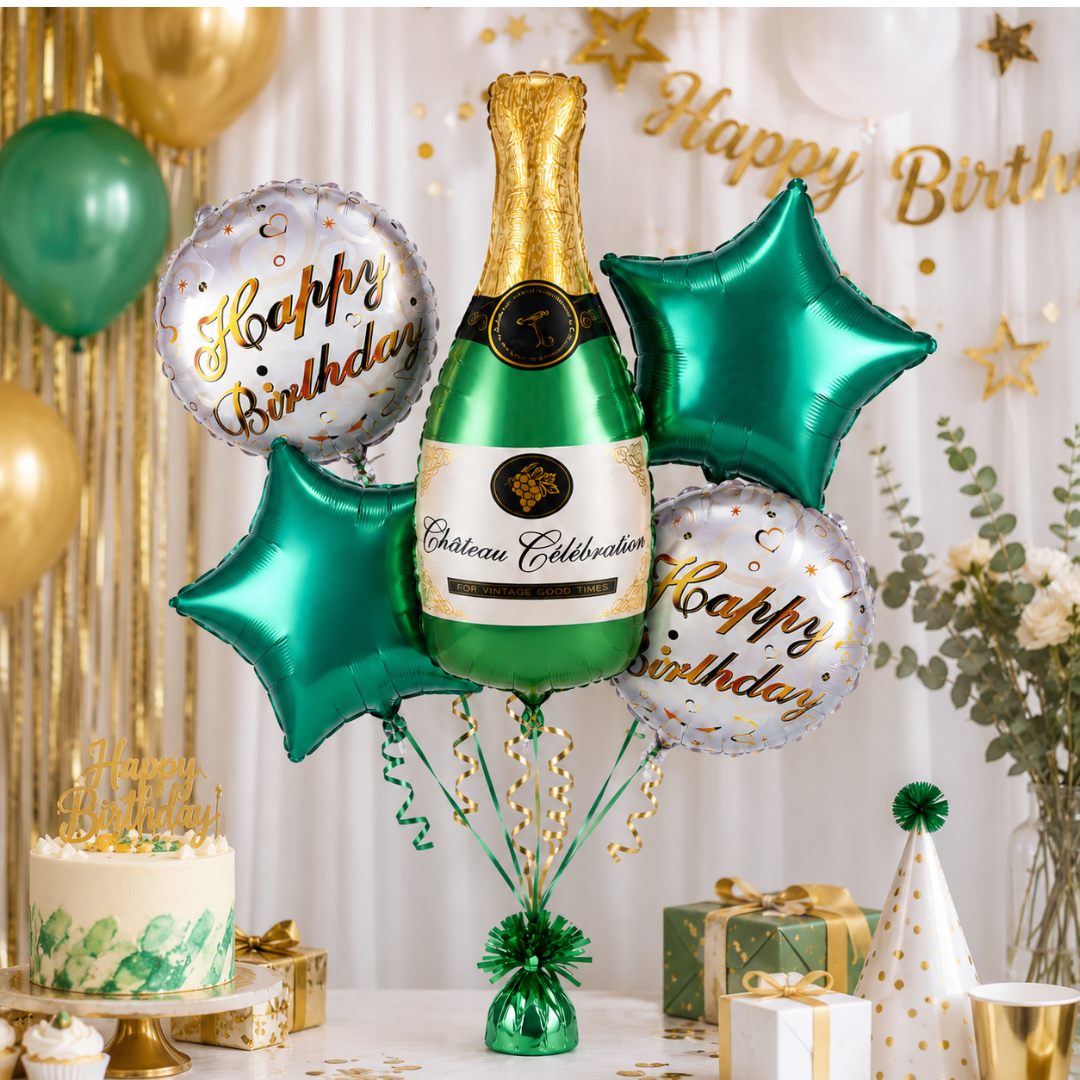 Green Champagne Bottle Birthday Balloon Bouquet Set – 5 Pcs | Premium Green Star & Happy Birthday Foil Balloons for Adult Birthday Party Decoration