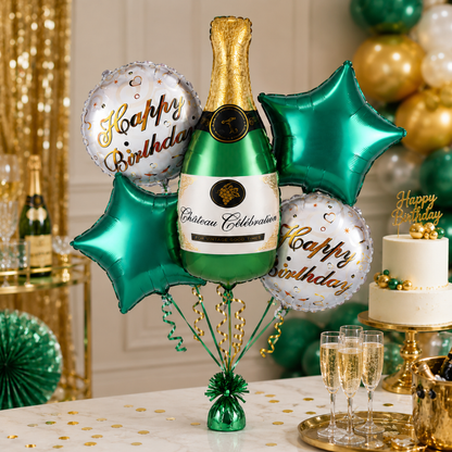 Green Champagne Bottle Birthday Balloon Bouquet Set – 5 Pcs | Premium Green Star & Happy Birthday Foil Balloons for Adult Birthday Party Decoration