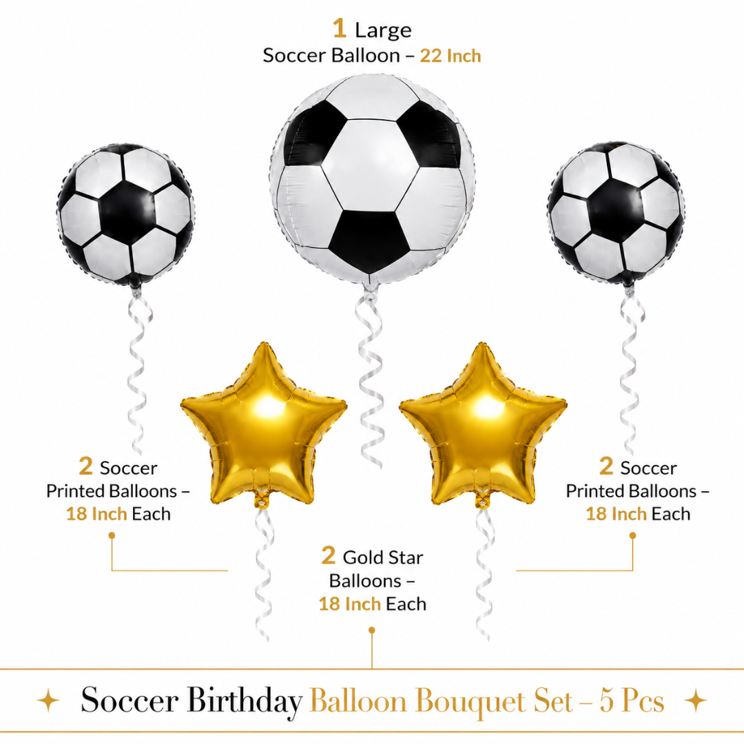 Soccer Birthday Balloon Bouquet Set – 5 Pcs | Fun Soccer Ball & Gold Star Foil Balloons for Kids Birthday Party Decoration