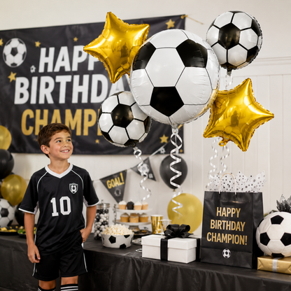Soccer Birthday Balloon Bouquet Set – 5 Pcs | Fun Soccer Ball & Gold Star Foil Balloons for Kids Birthday Party Decoration