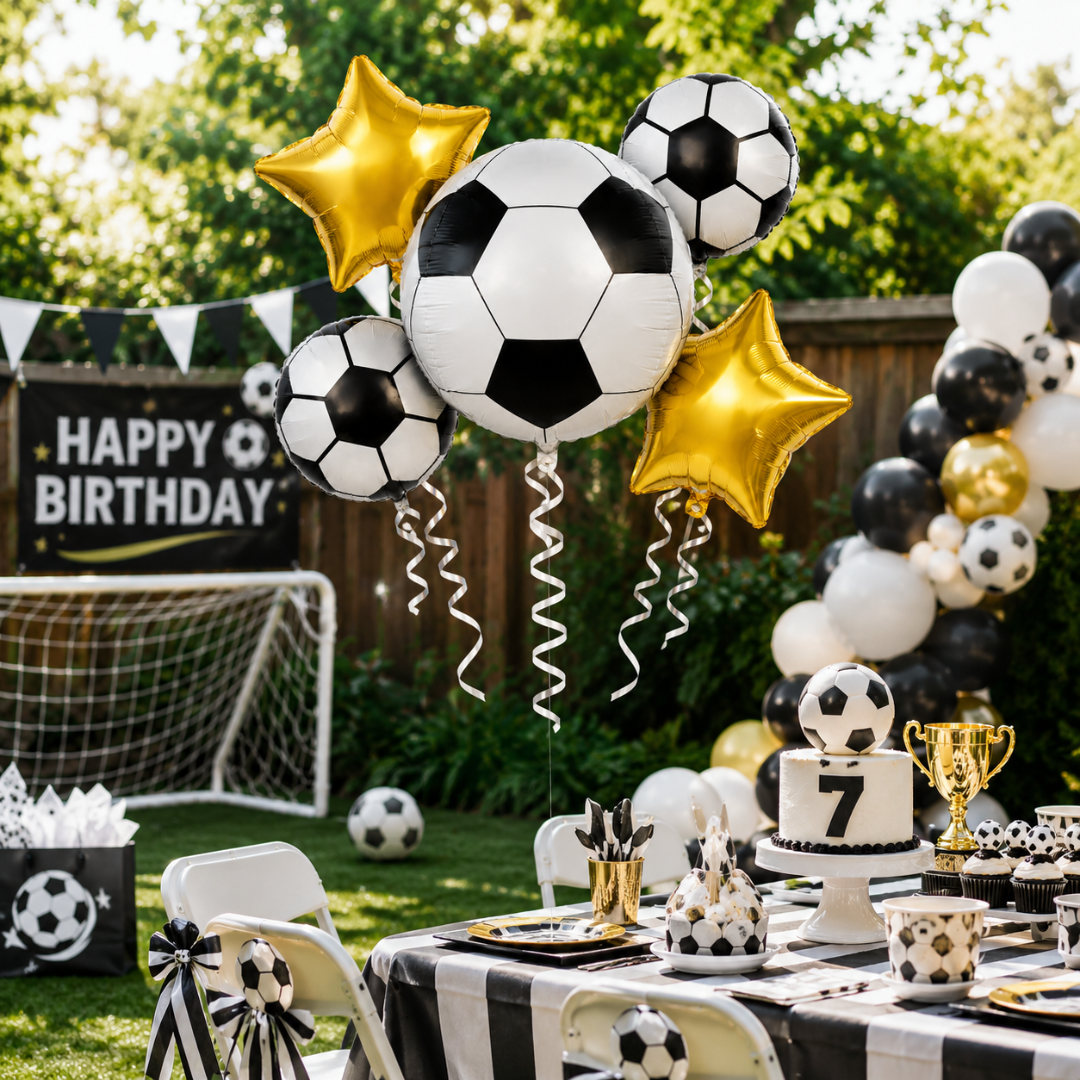 Soccer Birthday Balloon Bouquet Set – 5 Pcs | Fun Soccer Ball & Gold Star Foil Balloons for Kids Birthday Party Decoration