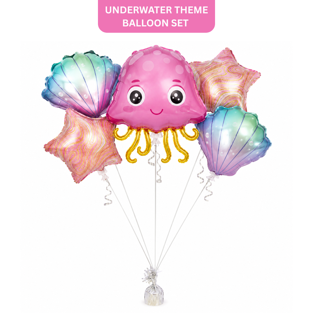 Jellyfish & Seashell Underwater Theme Balloon Bouquet Set – 5 Pcs | Cute Ocean Foil Balloons for Kids Birthday Party, Sea Theme Decoration & Photo Backdrop