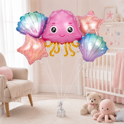 Jellyfish & Seashell Underwater Theme Balloon Bouquet Set – 5 Pcs | Cute Ocean Foil Balloons for Kids Birthday Party, Sea Theme Decoration & Photo Backdrop