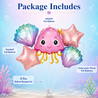 Jellyfish & Seashell Underwater Theme Balloon Bouquet Set – 5 Pcs | Cute Ocean Foil Balloons for Kids Birthday Party, Sea Theme Decoration & Photo Backdrop