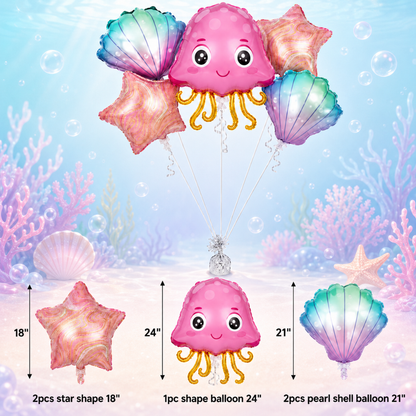 Jellyfish & Seashell Underwater Theme Balloon Bouquet Set – 5 Pcs | Cute Ocean Foil Balloons for Kids Birthday Party, Sea Theme Decoration & Photo Backdrop