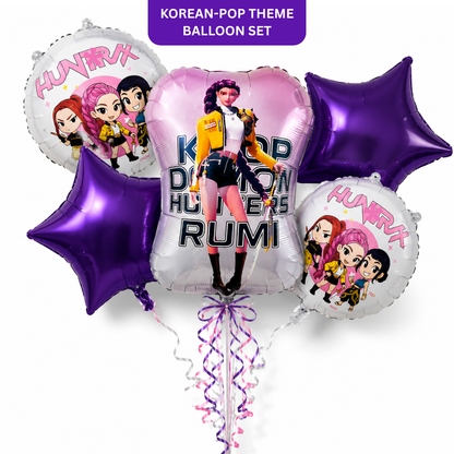 K-POP Theme Rumi Print Birthday Balloon Bouquet Set – 5 Pcs | Purple Star & Character Foil Balloons for Kids Birthday Party Decoration