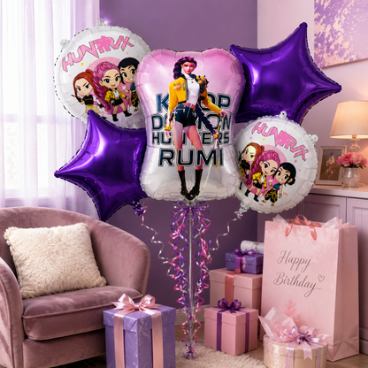 K-POP Theme Rumi Print Birthday Balloon Bouquet Set – 5 Pcs | Purple Star & Character Foil Balloons for Kids Birthday Party Decoration