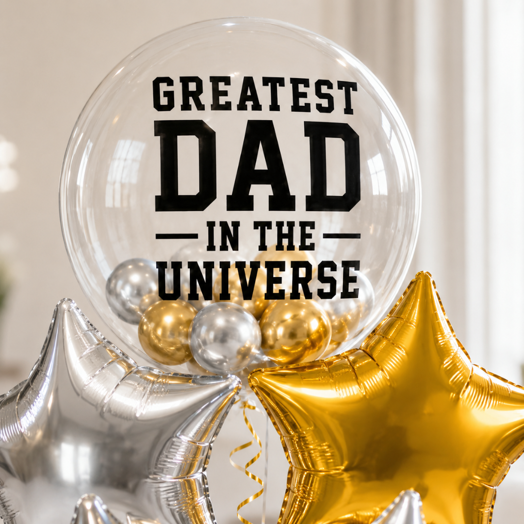 Greatest Dad in the Universe BOBO Foil Balloon Set 5PC, Helium Supported Father’s Day Balloon Bouquet with Star Balloons for Dad Birthday & Surprise Gift Decor