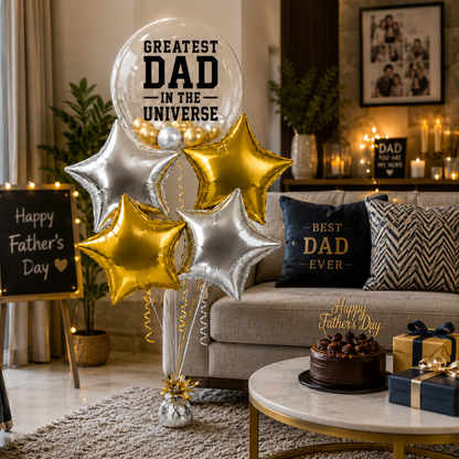 Greatest Dad in the Universe BOBO Foil Balloon Set 5PC, Helium Supported Father’s Day Balloon Bouquet with Star Balloons for Dad Birthday & Surprise Gift Decor
