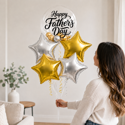Happy Father’s Day BOBO Foil Balloon Set 5PC, Helium Supported Dad Balloon Bouquet with Star Balloons for Father’s Day, Papa Birthday & Surprise Decor