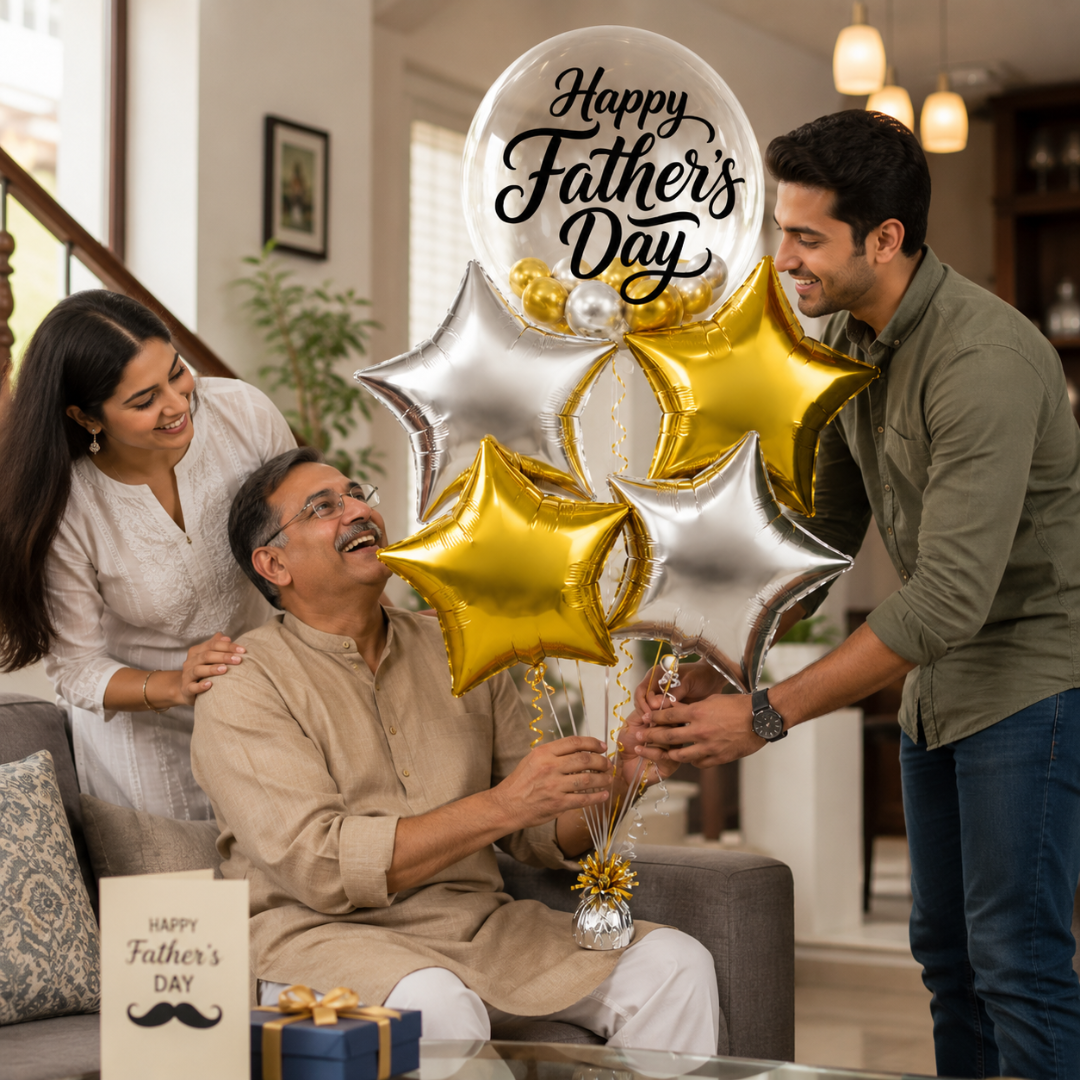 Happy Father’s Day BOBO Foil Balloon Set 5PC, Helium Supported Dad Balloon Bouquet with Star Balloons for Father’s Day, Papa Birthday & Surprise Decor