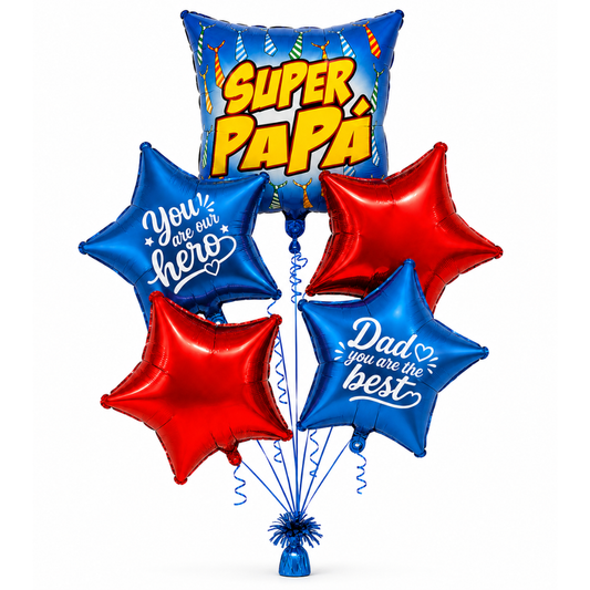 Super Papa Balloon Bouquet Set 5PC, Helium Supported Dad Foil Balloon Set with Star Balloons for Father’s Day, Papa Birthday & Surprise Decoration