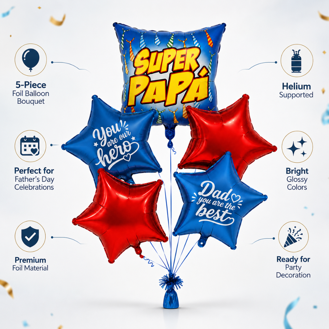 Super Papa Balloon Bouquet Set 5PC, Helium Supported Dad Foil Balloon Set with Star Balloons for Father’s Day, Papa Birthday & Surprise Decoration