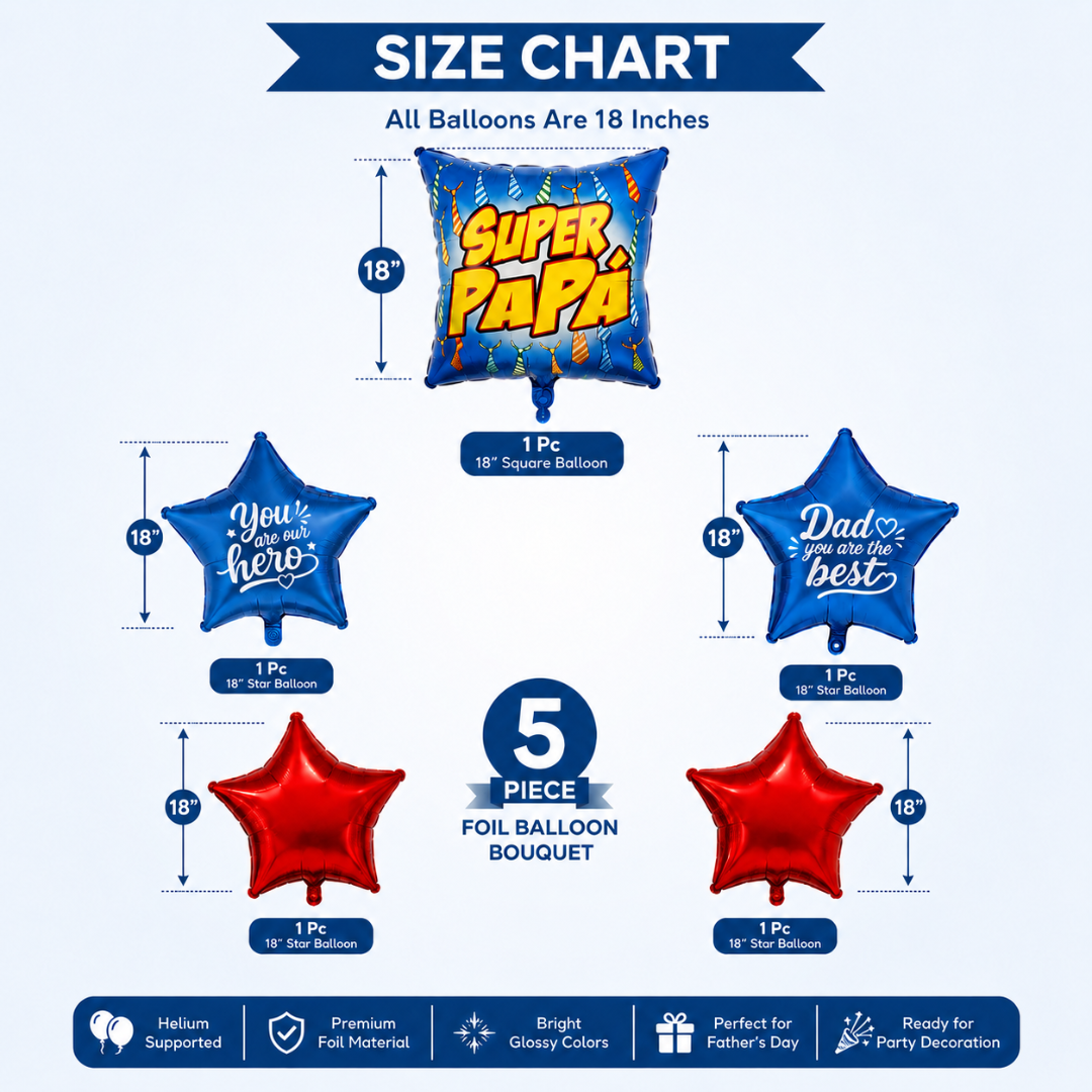 Super Papa Balloon Bouquet Set 5PC, Helium Supported Dad Foil Balloon Set with Star Balloons for Father’s Day, Papa Birthday & Surprise Decoration