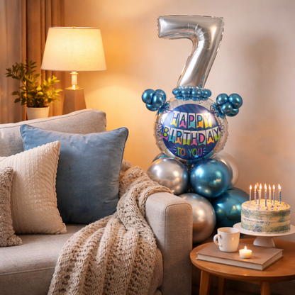 Designer Blue & Silver Balloon Bouquet Arrangement for 7th Birthday