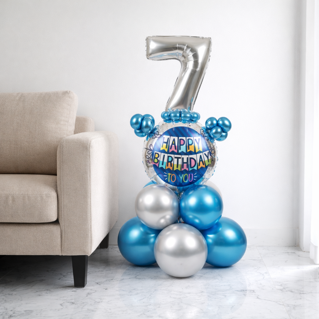 Designer Blue & Silver Balloon Bouquet Arrangement for 7th Birthday