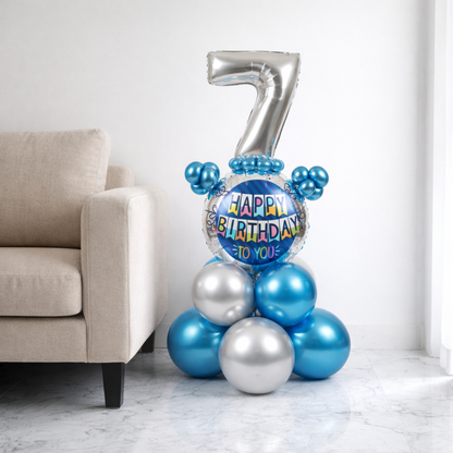 Designer Blue & Silver Balloon Bouquet Arrangement for 7th Birthday