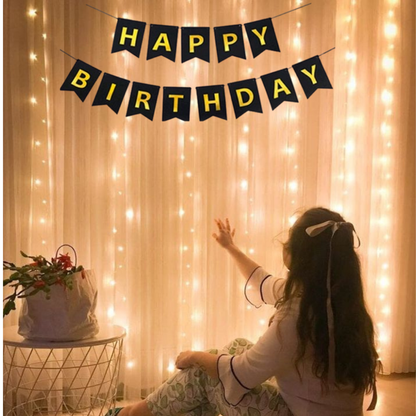 Happy Birthday Decoration Items - Black Happy Birthday Backdrop Decorations | Happy Birthday Decoration Kit | Black Happy Birthday Banner with LED Lights (Cardstock)