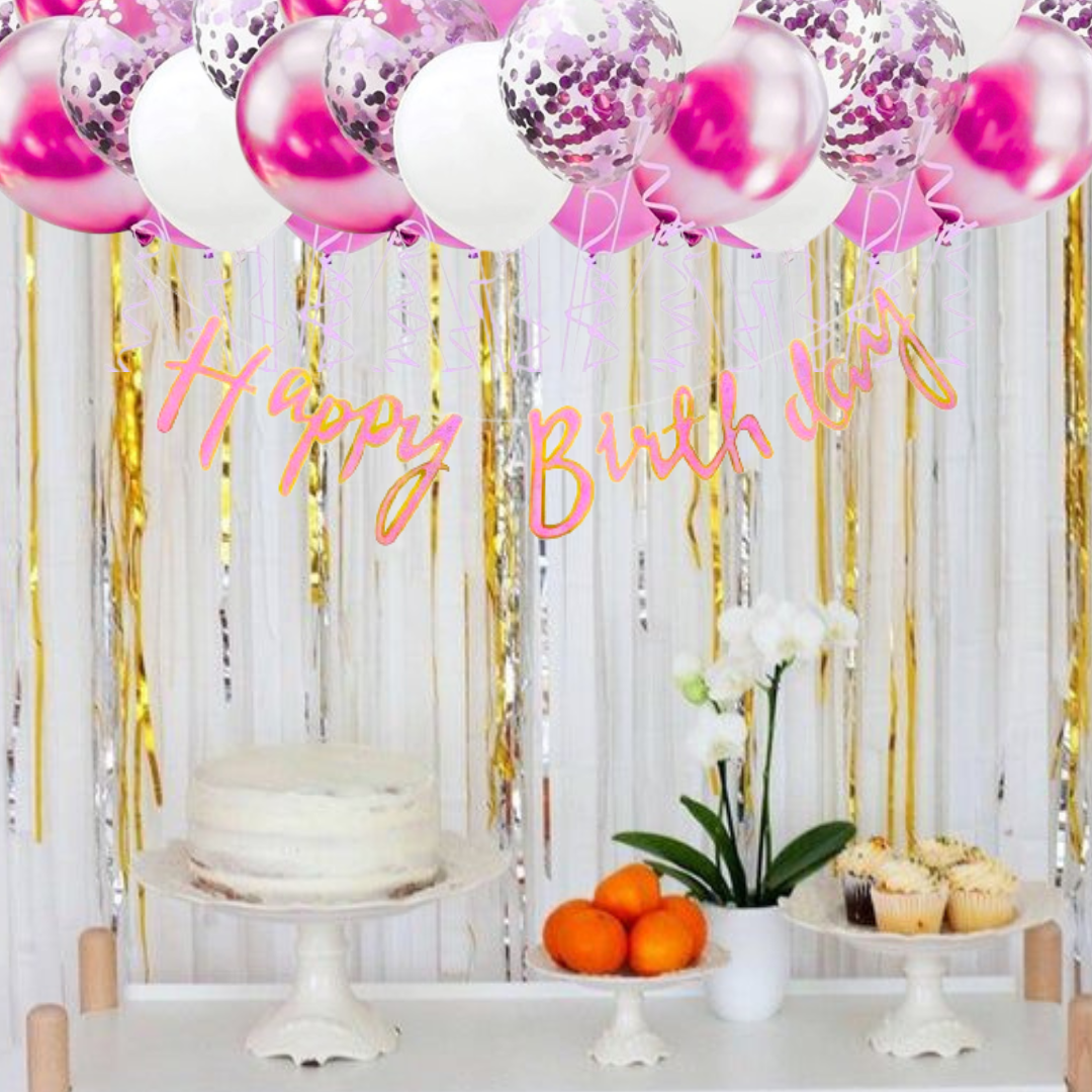 Hot Pink Happy Birthday Cursive Banner w/ White & Pink Confetti Balloons and Wall Hooks Birthday Combo - Set of  13PC