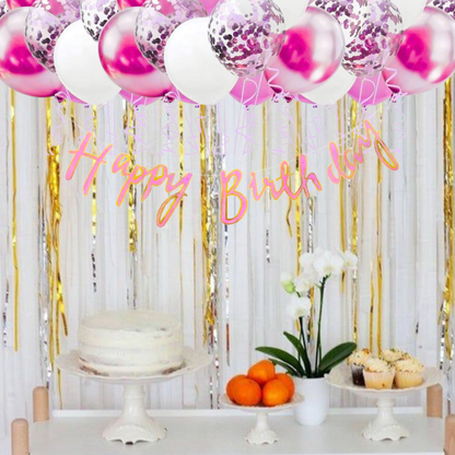 Hot Pink Happy Birthday Cursive Banner w/ White & Pink Confetti Balloons and Wall Hooks Birthday Combo - Set of  13PC