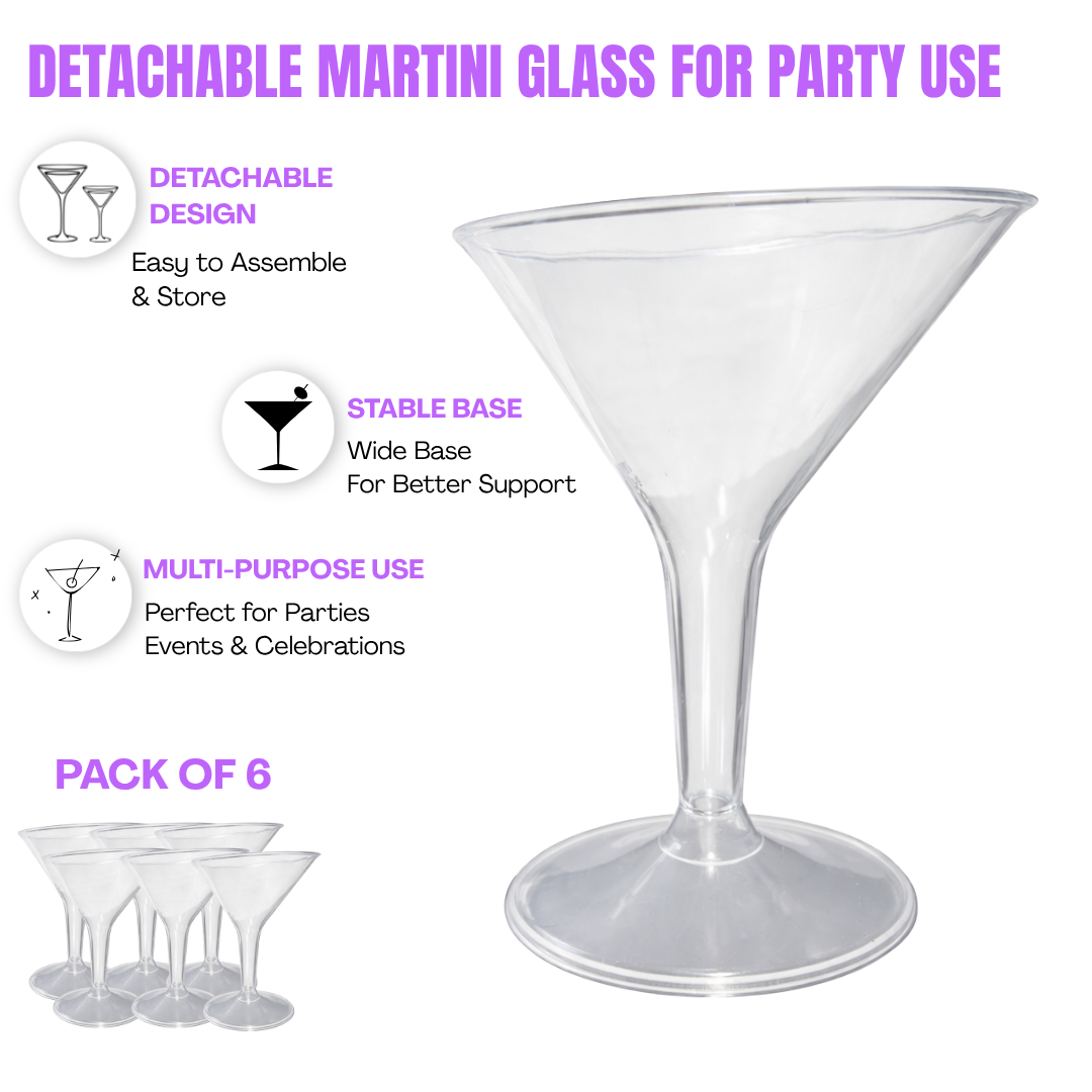 Clear Plastic Martini Glasses 100 ml - Party Cocktail Glasses - 6 Pc