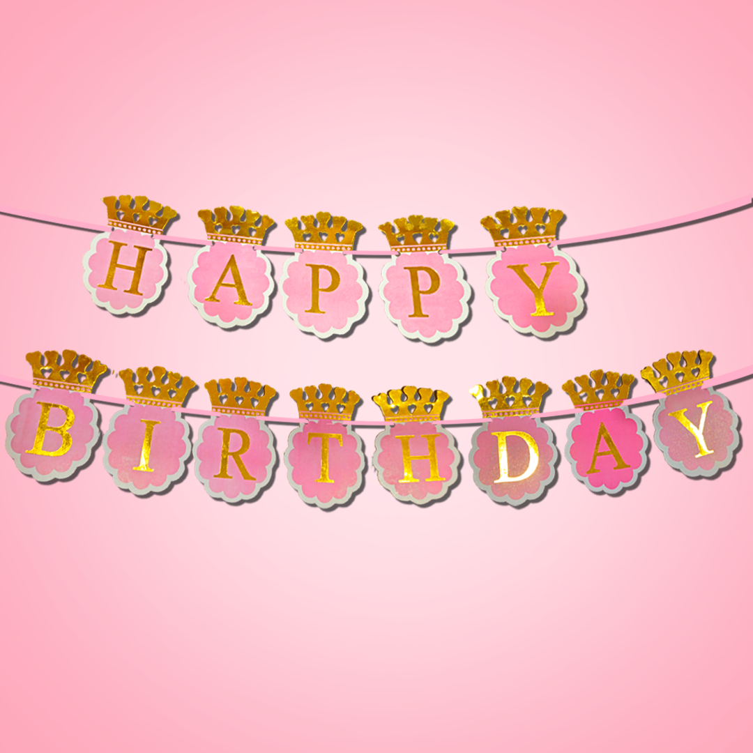 Happy Birthday Pink Banner with Golden Crown for Girls - 10FT - 1PC