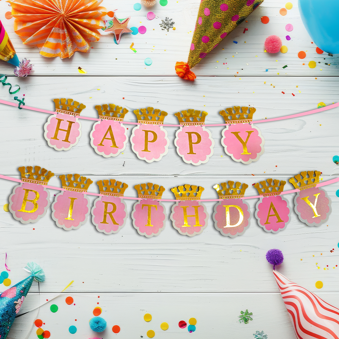 Happy Birthday Pink Banner with Golden Crown for Girls - 10FT - 1PC