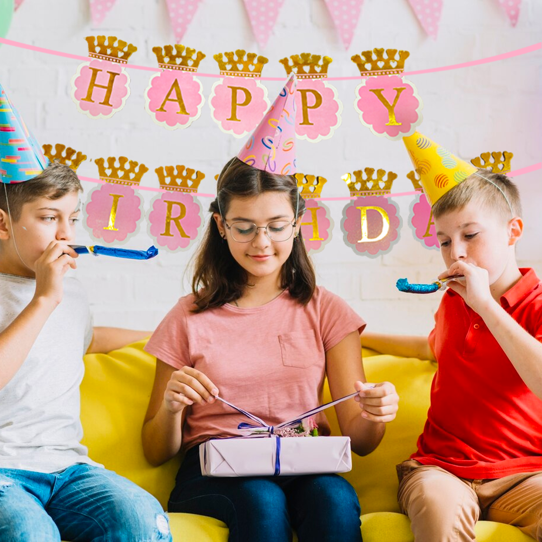 Happy Birthday Pink Banner with Golden Crown for Girls - 10FT - 1PC