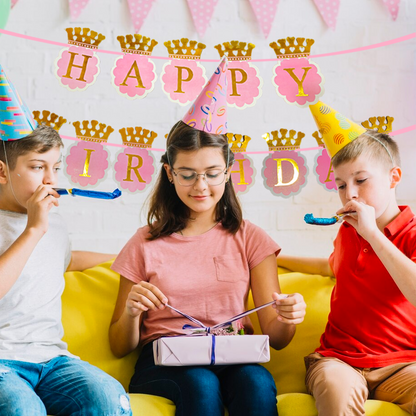 Happy Birthday Pink Banner with Golden Crown for Girls - 10FT - 1PC