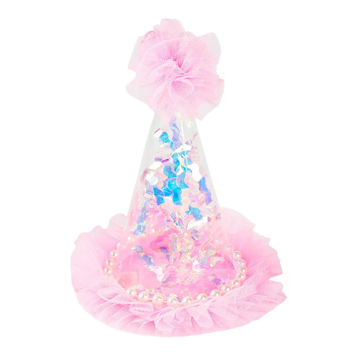 Pink Transparent Party Paper Hat w/ Multicolor Pom Pom - 1PC