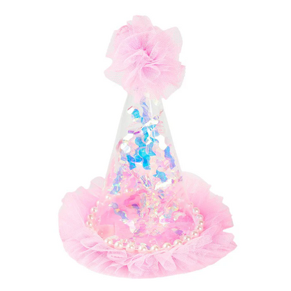 Pink Transparent Party Paper Hat w/ Multicolor Pom Pom - 1PC