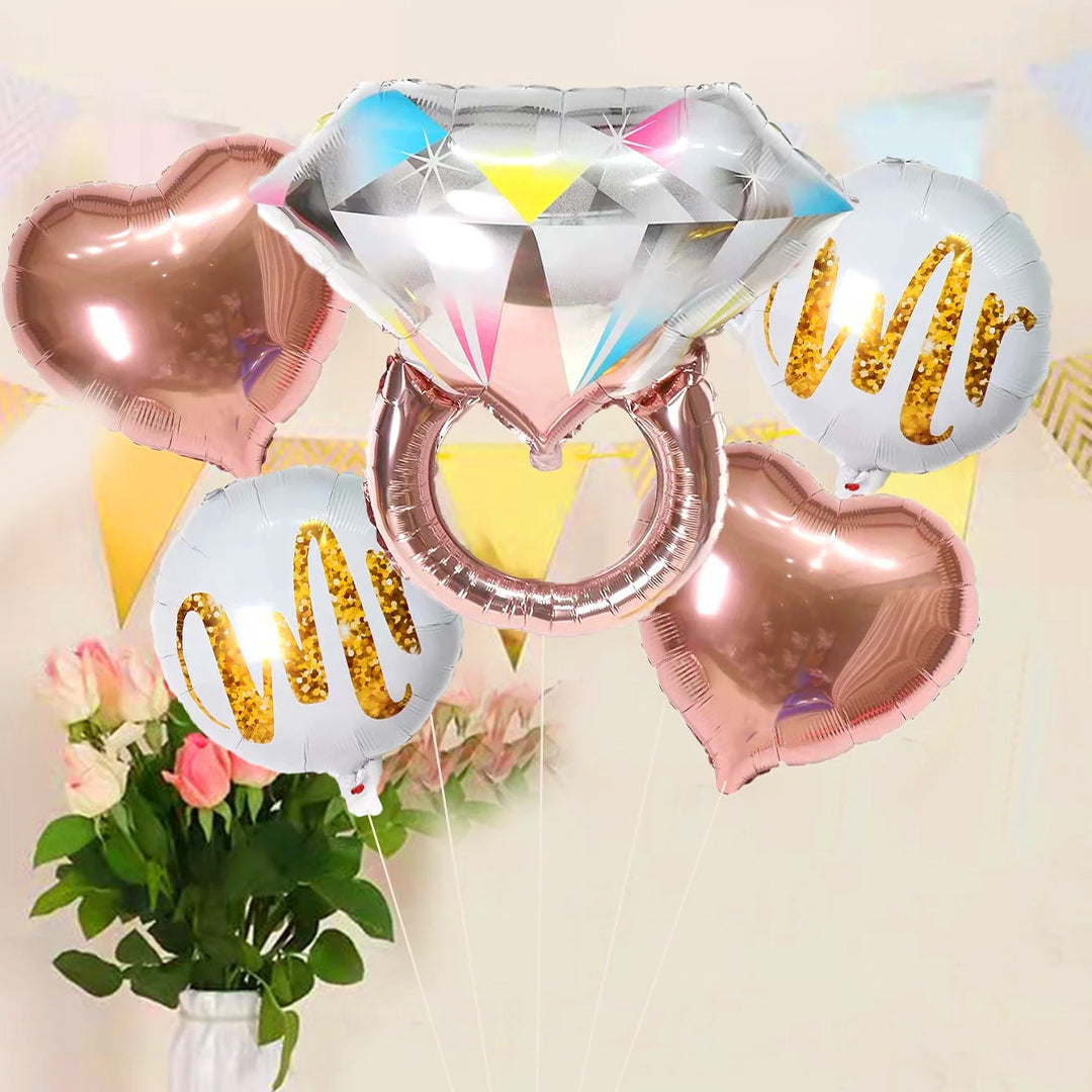 Bachorlette Party Silver & Pink Ring Balloon Set w/ Mr &Mrs Balloon  - 5PC