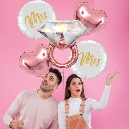 Bachorlette Party Silver & Pink Ring Balloon Set w/ Mr &Mrs Balloon  - 5PC