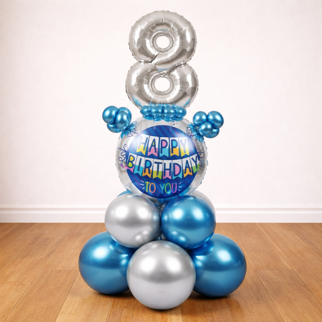 Designer Blue & Silver Balloon Bouquet Arrangement for 8th Birthday