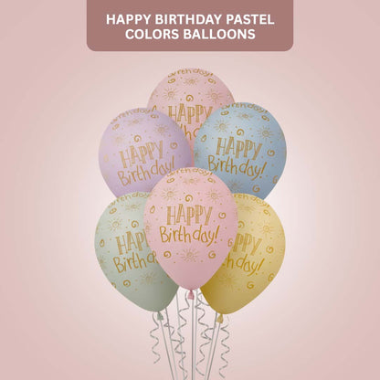 Happy Birthday Pastel Printed Balloons Pack of 6 (12 Inch) | Rainbow Color Latex Balloons | Birthday Party Decoration