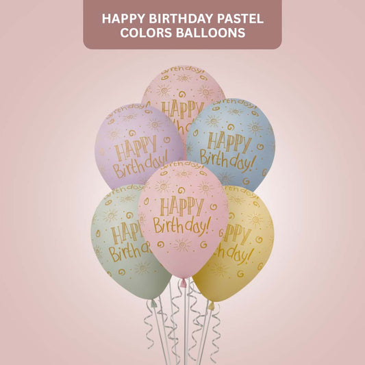 Happy Birthday Rainbow Pastel Colors Printed Balloons Set - Pack of 6