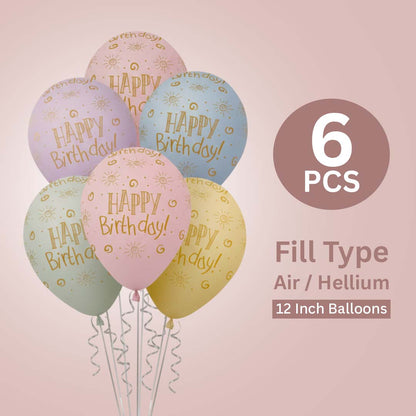 Happy Birthday Pastel Printed Balloons Pack of 6 (12 Inch) | Rainbow Color Latex Balloons | Birthday Party Decoration