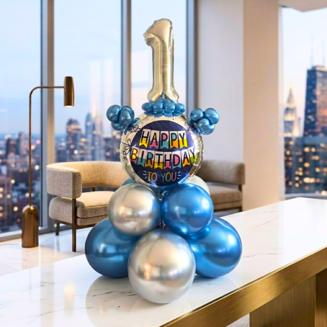 Designer Blue & Silver Balloon Bouquet Arrangement for 1st Birthday