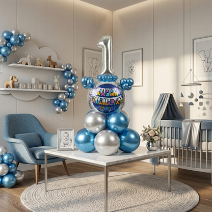 Designer Blue & Silver Balloon Bouquet Arrangement for 1st Birthday