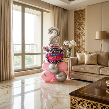 Designer Pink & Silver Balloon Bouquet Arrangement with 3D Butterflies for 2nd Birthday
